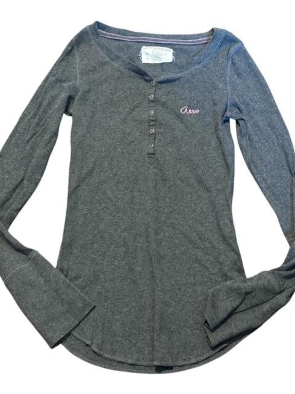 Y2K Aeropostale Women’s Grey Long Sleeve Henley Pink Stitching Size Medium